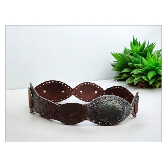 Vintage Avignon Silver Leather Embellished Metalwork Wide Belt size L Bohemian - Picture 1 of 15